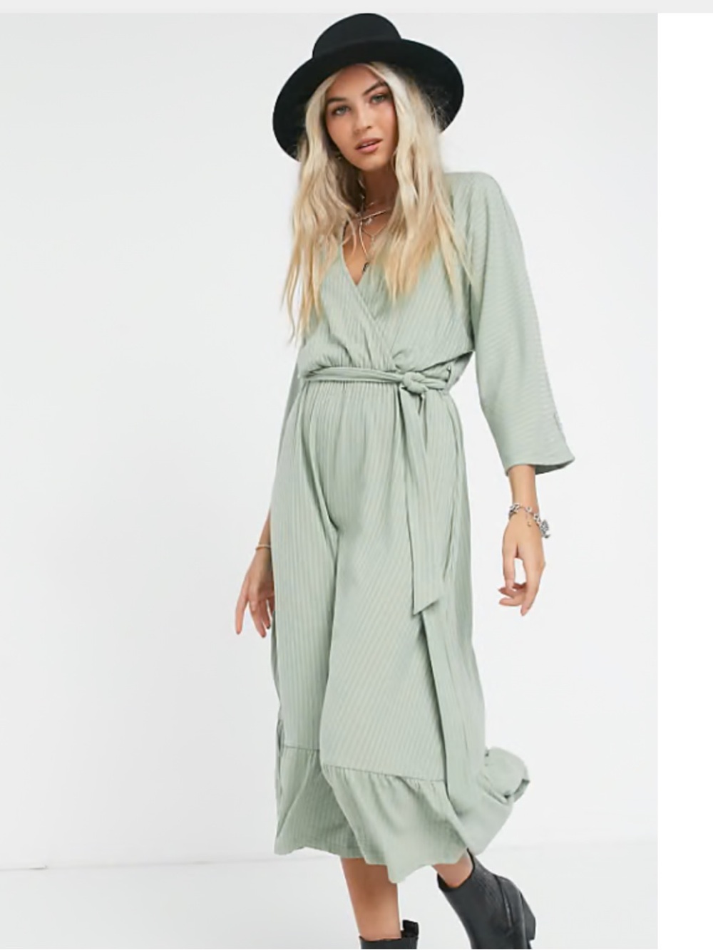 ASOS Design Sage Green Ribbed Wrap Midi Dress Size 42 / US 10-12